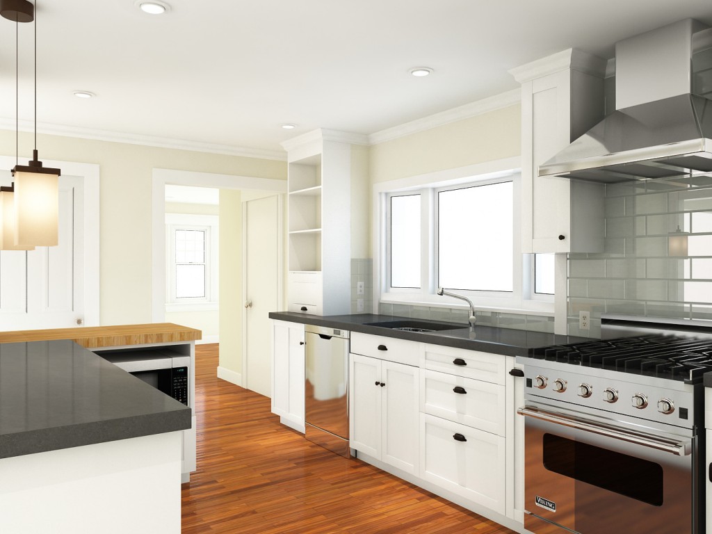 NEDC does photo-realistic renderings of all their projects prior to construction so that the client knows exactly what they're getting; this is the rendering for the kitchen remodel in the client's addition project.