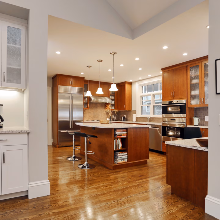 dark wood cabinets in architecturally built kitchen in boston