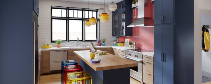 colorful-custom-kitchen-with-island-in passive home in boston mass
