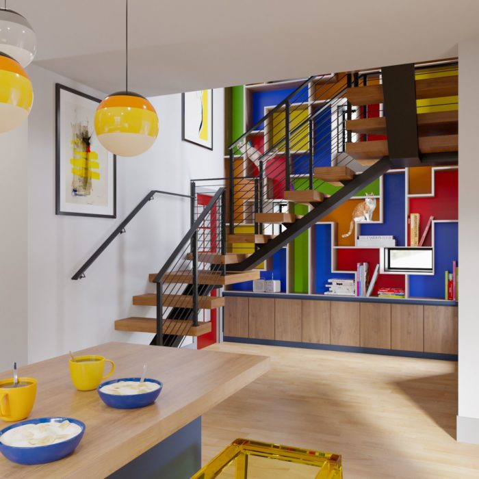 colorful wall with staircase in passive home in boston mass