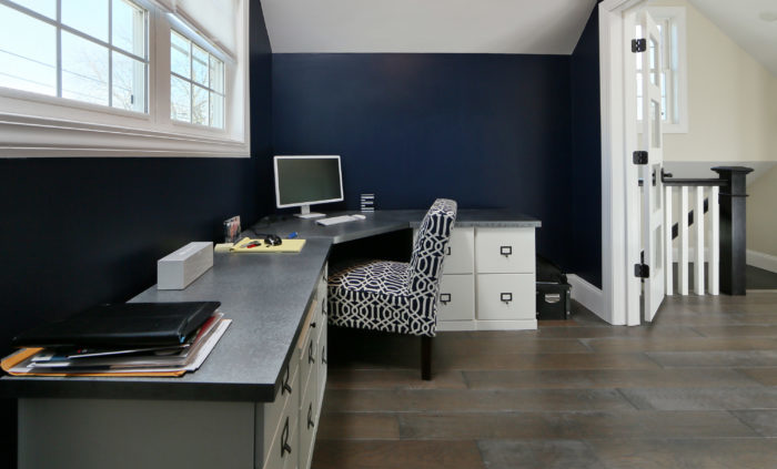home office with navy blue walls in second story addition in boston